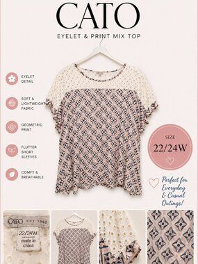 Cato Eyelet Yoke Geometric Print Blouse | Plus Size 22/24W | Boho Top